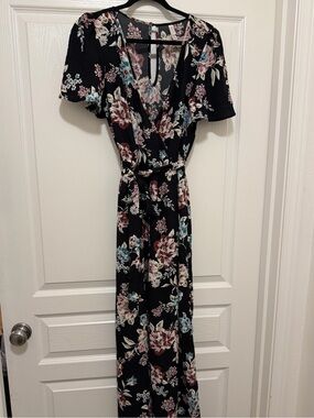 Floral Wrap Maxi Jumper in Black with Multi-Color Blooms